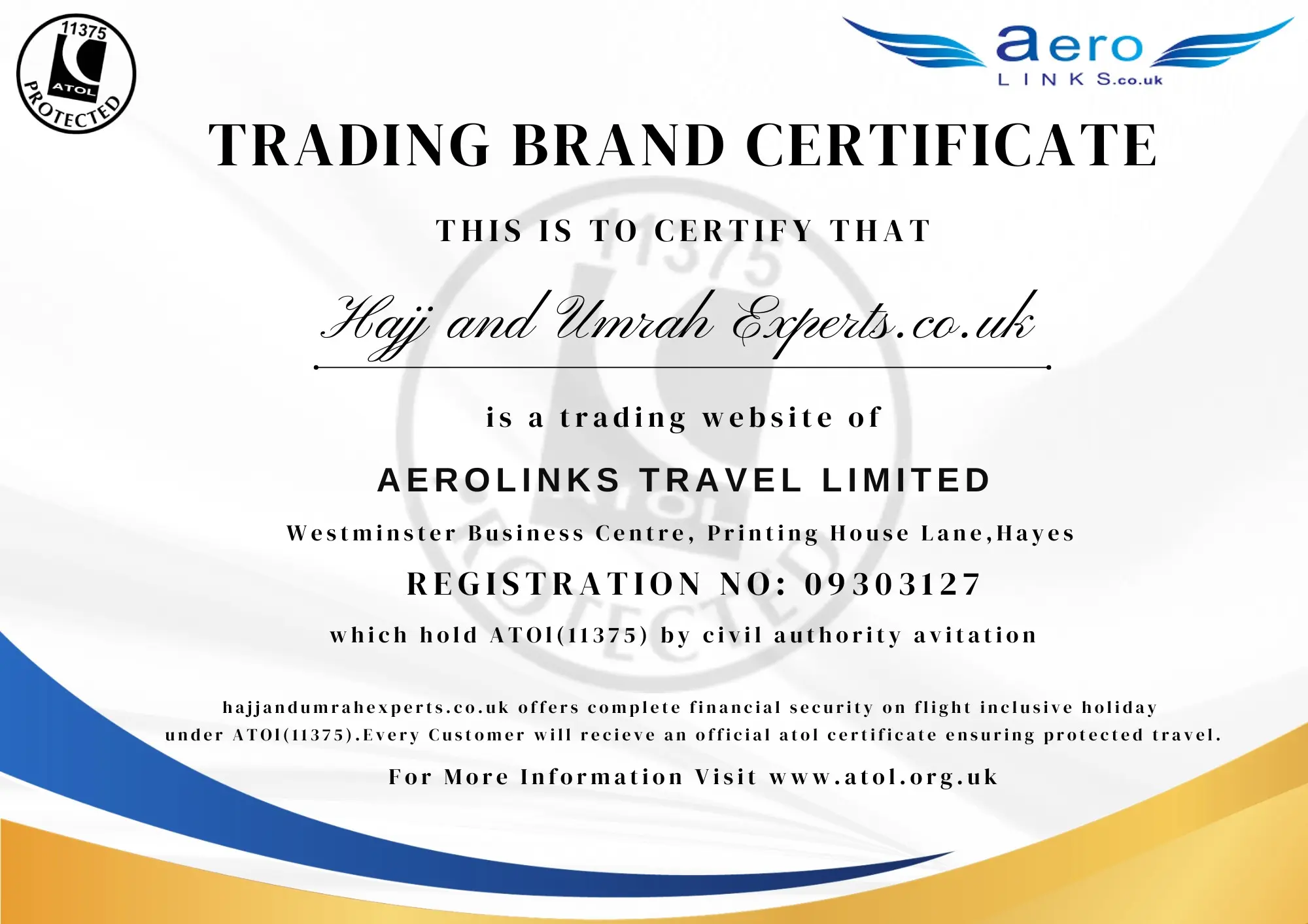 ATOL Protected Umrah Agency Certificate